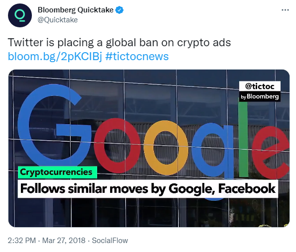 Twitter and Google crypto ads ban tweet.